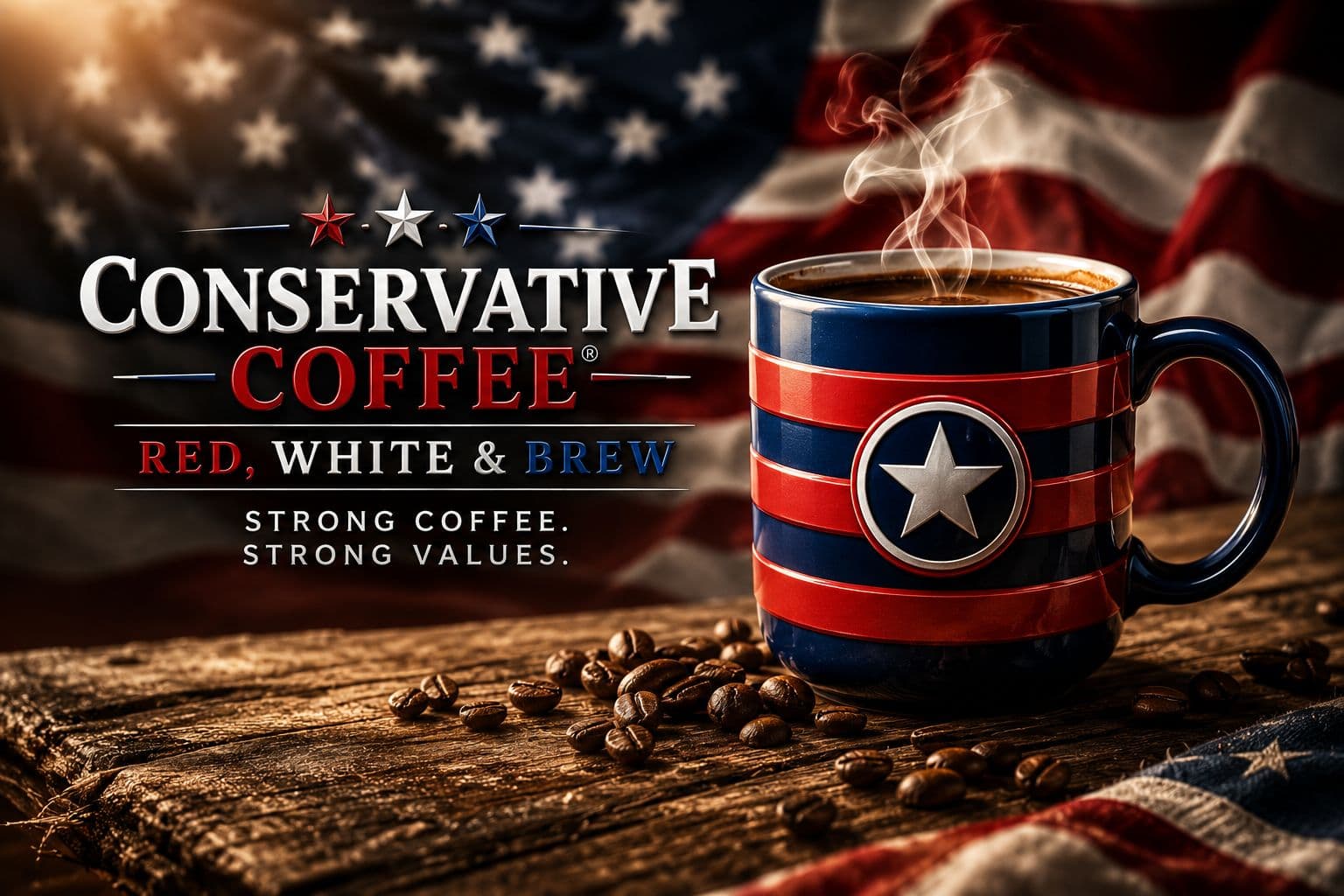 A navy and red striped Conservative Coffee mug with a silver star medallion, steaming on a weathered wooden table with roasted beans scattered around it and an American flag behind.