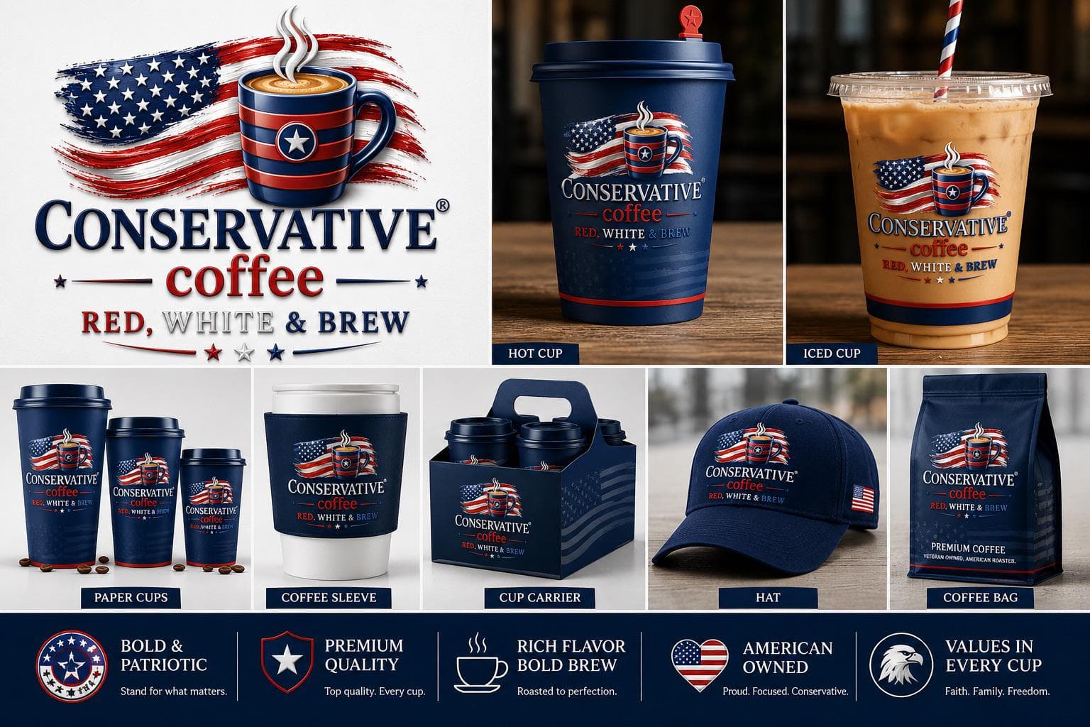 The Conservative Coffee packaging and merchandise lineup: the flag-and-mug logo, a navy hot cup, an iced cup with a striped straw, three sizes of paper cup, a coffee sleeve, a four-cup carrier, an embroidered navy cap, and a sealed coffee bag.